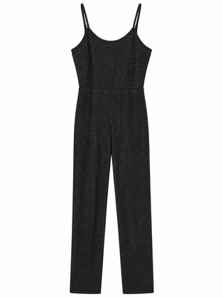 Black Rhinestone Thin Strap Jumpsuit front view on a white background