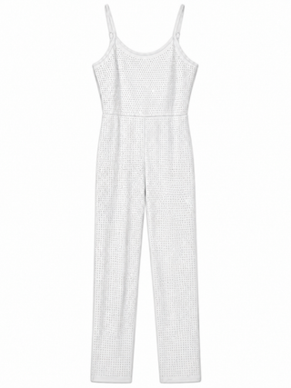 White Rhinestone Thin Strap Jumpsuit front view on a white background