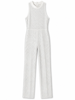 White Rhinestone High Neck Jumpsuit front view on a white background