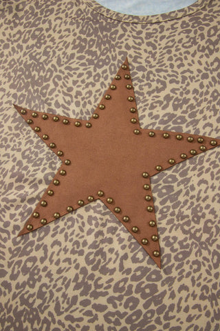 Khaki Leopard Star Patch Studded Oversized Tee — view 7
