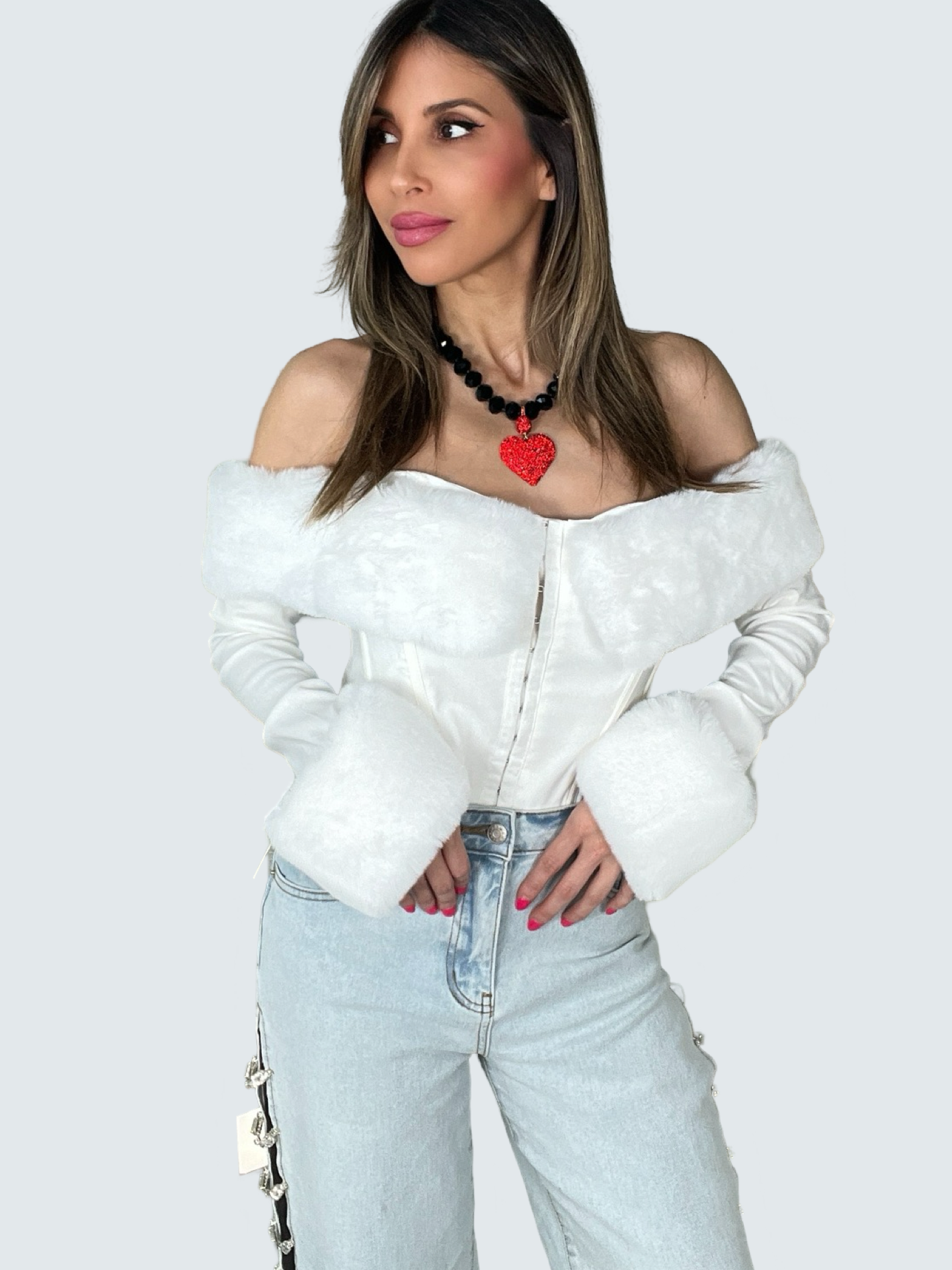 Faux Fur Trim Off The Shoulder Top