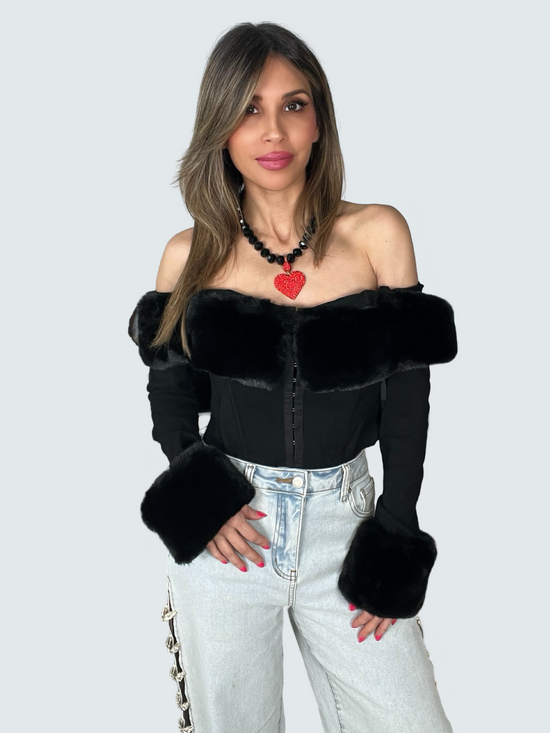 Faux Fur Trim Off The Shoulder Top