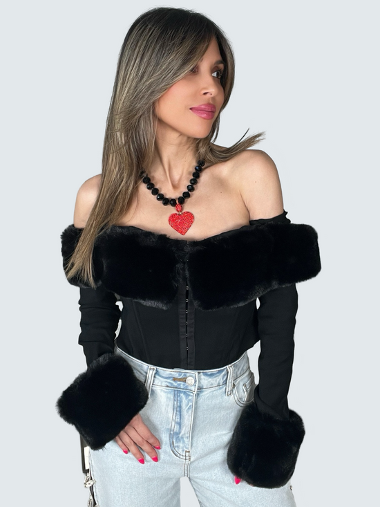 Faux Fur Trim Off The Shoulder Top