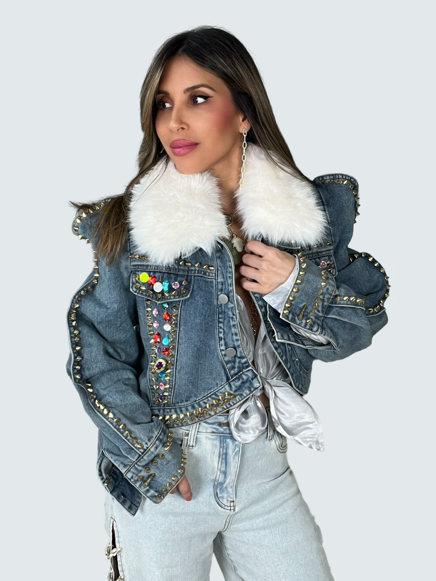 Faux Fur Crystal Denim Jacket