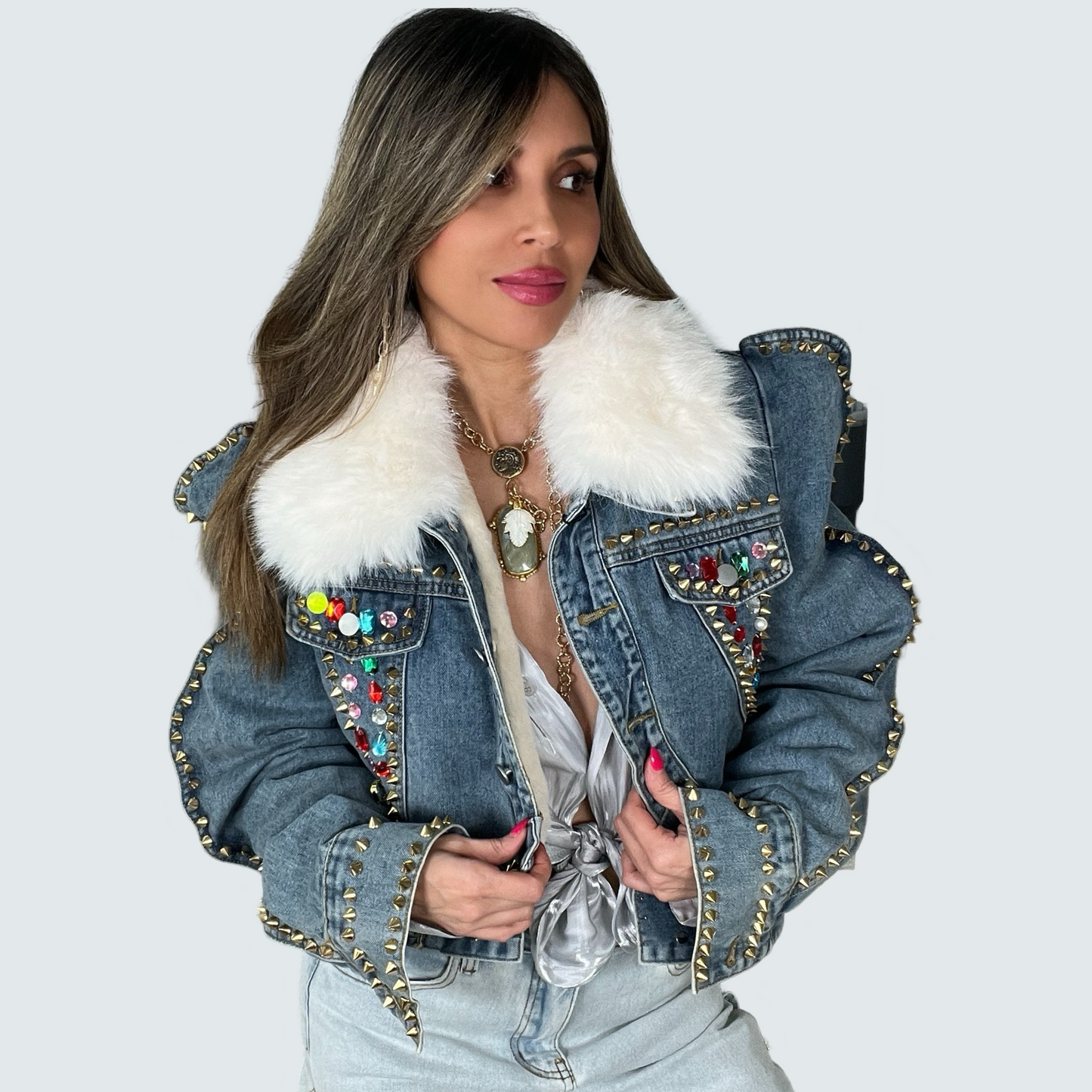 Faux Fur Crystal Denim Jacket