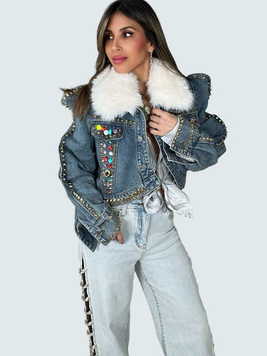 Faux Fur Crystal Denim Jacket