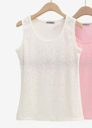 Black tank top with sparkling crystal studded detail, shown on a hanger and modeled, available in multiple colors