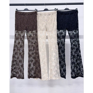 Three pairs of floral lace flare pants in brown, white, and black, with white as the focus