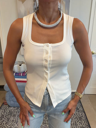 White Button Front Ribbed Tank Top