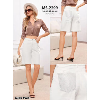 Style the Ivory Crystal Pocket Stretch Denim Bermuda Shorts exclusively at Born To Glam