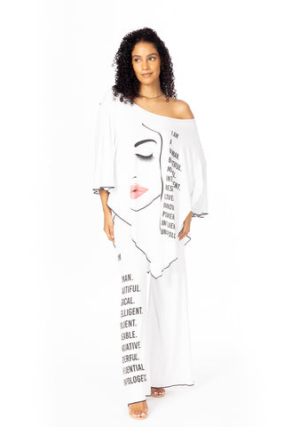 Style the White I Am Woman V-Point Tunic exclusively at Born To Glam