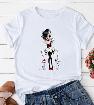 White short sleeve graphic tee with a black and white illustrated woman and dalmatian puppies on the front.