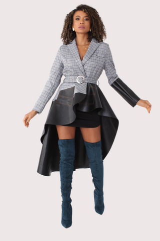 Plaid High-Low Blazer with Leather