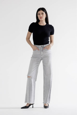 Grey Mica Denim High Rise Wide Leg With Raw Hem - Born To Glam
